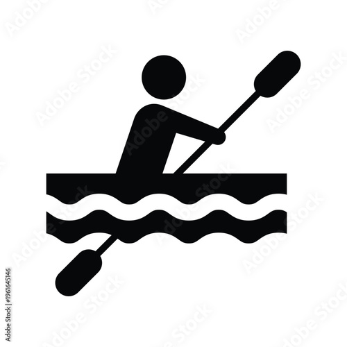 Black silhouette icon of a person paddling a kayak on water for rowing and adventure sports