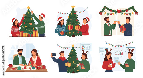 People celebrating Christmas holidays and traditions in cozy festive settings and modern environments illustrating diverse seasonal activities and