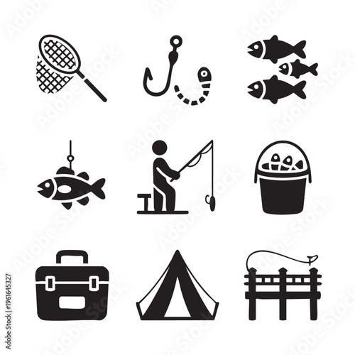 A person fishing with a net and tackle beside a tent and bucket of fish on a serene lake shore with a fence.