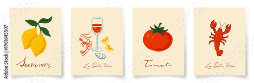 Food posters with lemons, tomato, lobster, wine and seafood, featuring “summer” and “la dolce vita” lettering. Mediterranean lifestyle, fresh ingredients and minimal kitchen decor illustrations.
