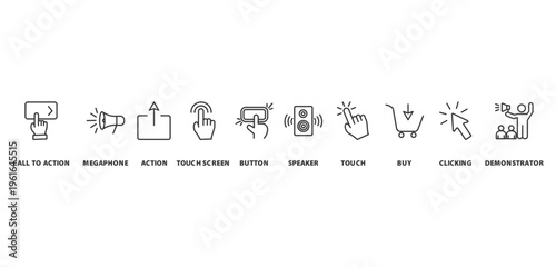 call to action banner concept with icon of call to action, megaphone, action, touch screen, button,
speaker, touch, buy, clicking, demonstrator,
