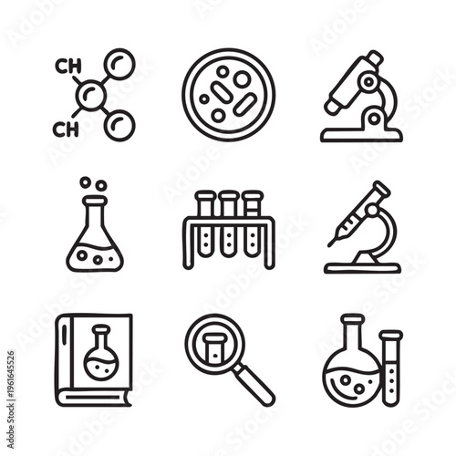 Scientists conduct experiments with various laboratory equipment and tools to study and analyze samples in a science laboratory setting with microscope and beaker.