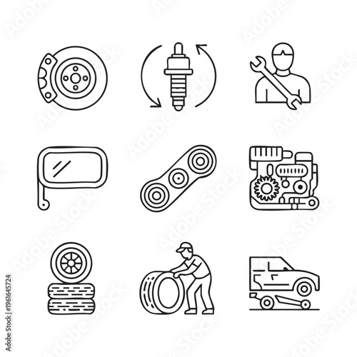 A mechanic repairs a car tire next to a van with a wrench and spare wheel nearby in a garage with an engine and tools.