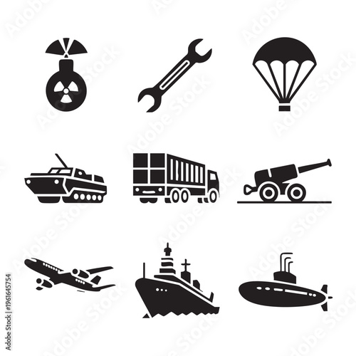 Military vehicles and equipment are displayed on a flat surface including a tank, truck, cannon, airplane, ship, and submarine with a parachute and wrench.