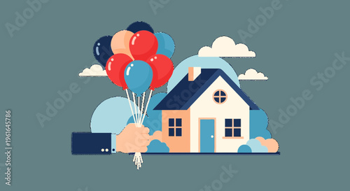 Colorful house with red blue balloons.