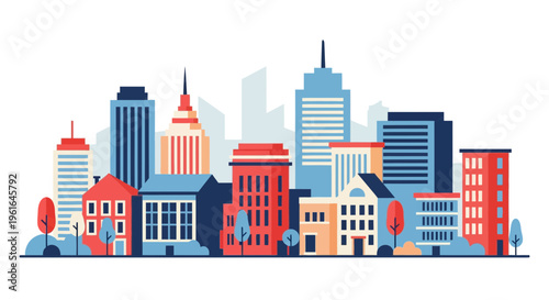 City Skyline with Colorful Buildings Downtown.