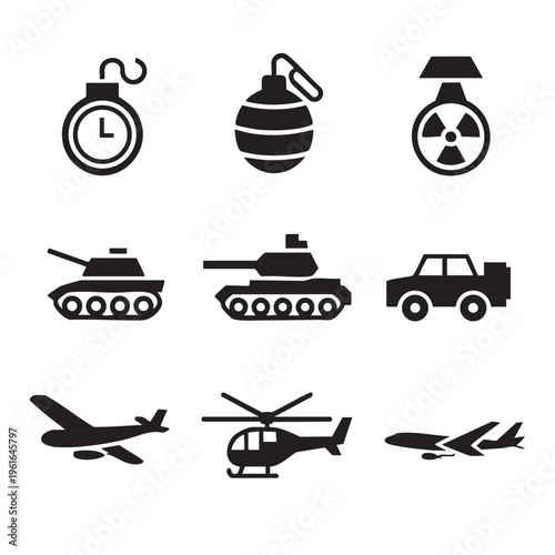 Military vehicles and aircraft icons depict a scene of war with tanks, planes, and a helicopter alongside a bomb, radioactive sign, and timer, conveying urgency and danger on the battlefield.