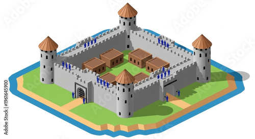Isometric Medieval Castle Fortress with Towers and Courtyard.