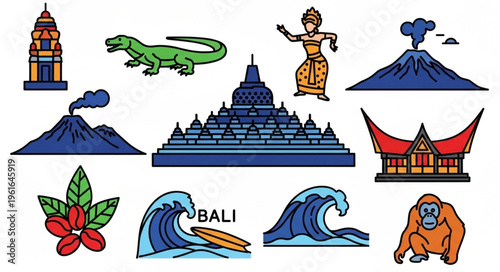 Indonesias Cultural and Natural Wonders - A Vibrant Illustration.