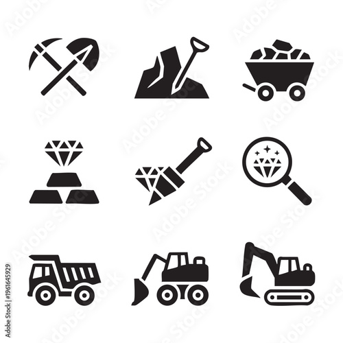 Mining industry icons depict various tools and machinery used for excavation and transportation of minerals in a quarry or mine site with heavy equipment.