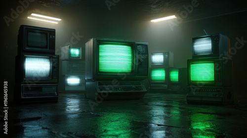 Old televisions illuminate in a dimly lit setting, creating an intriguing atmosphere