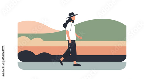 Woman walking in casual outdoor clothing.