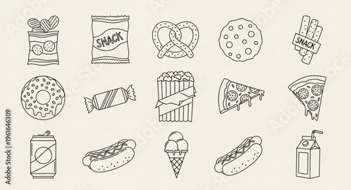 Hand-Drawn Sketch of Assorted Unhealthy Junk Food Items.