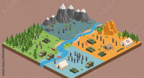 Isometric Military Strategy Map Depicting Diverse Terrain and Troop Deployments.