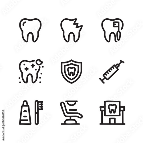 Dental icons depicting various oral health concepts and tools in a single white space.
