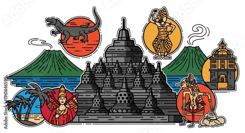 Borobudur Temple and Indonesian Cultural Icons Illustration.