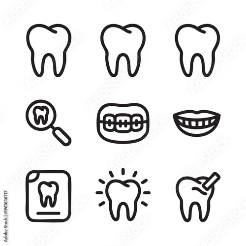 A dental illustration set featuring various teeth and dental care icons, including a magnifying glass and a document, showcasing oral health and hygiene concepts.