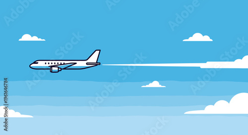 A commercial airplane flies through a clear blue sky, leaving a white contrail behind it.