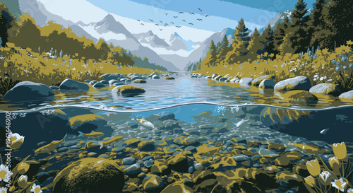 Serene landscape of a shallow river flowing through a forest with rocks and yellow flowers towards snow-capped mountains under a clear blue sky with a sunny and peaceful mood.