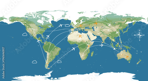 A world map illustrating global flight routes and air travel connections between continents, featuring airplanes and destination markers.