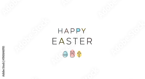 Happy Easter Greeting Card with Festive Eggs and Cross on White Background