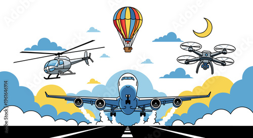 Various air transport vehicles including an airplane, helicopter, hot air balloon, and drone, illustrating modern and traditional aerial travel.