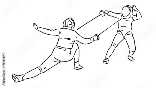 A minimalist vector illustration of two fencers in action with swords