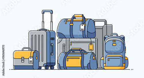 A diverse collection of travel luggage, including rolling suitcases, duffel bags, and a backpack, neatly arranged for a journey.