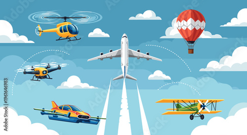 Diverse collection of air transportation vehicles flying in a clear blue sky with white clouds, showcasing modern and classic aircraft.