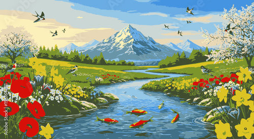 Serene landscape with a winding river, colorful flowers, and koi fish, set against a majestic mountain range under a blue sky with white clouds.