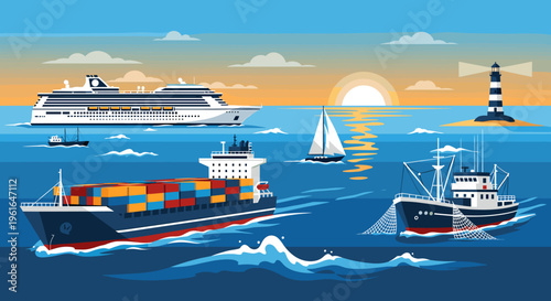 A vibrant illustration depicting various types of ships sailing on a calm sea during a beautiful sunset, with a lighthouse in the distance.