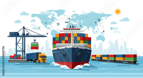 Global logistics and supply chain management illustrated with a cargo ship, train, truck, and crane at a port with a world map background.