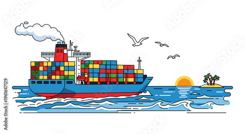 A large blue cargo ship carrying many colorful containers sails on the ocean near a small island with palm trees at sunset.