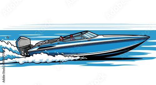A sleek, blue speed boat with a powerful outboard motor cutting through the water, leaving a trail of white foam.