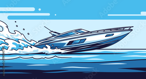 A sleek, modern white motor yacht speeds across the ocean, leaving a trail of white spray and waves in its wake under a bright blue sky.