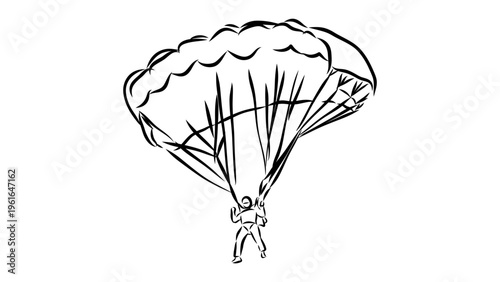 A minimalist line art illustration of a person parachuting in mid-air