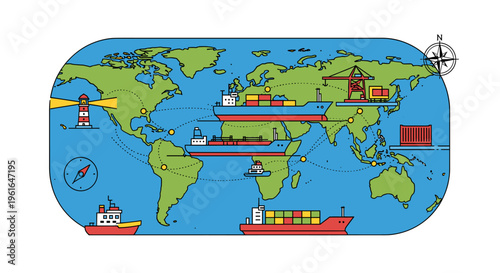 Global shipping routes illustrated on a world map with cargo ships, lighthouses, and cranes, depicting international trade and logistics.