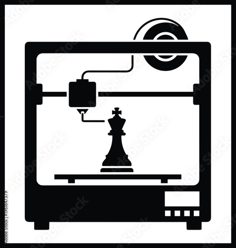 Black and white icon illustration of modern 3D printer creating chess king piece, showcasing additive manufacturing technology, innovation, design, and advanced digital fabrication process.