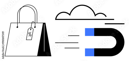 Ecommerce, digital marketing, customer engagement, sales strategy, consumer behavior, retail trends. Shopping bag with price tag, magnet attracting towards cloud. Ecommerce and digital marketing