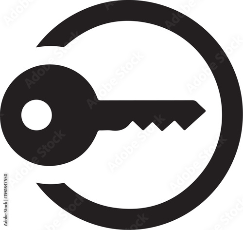 Key icon, black security symbol, circular key sign, locked access vector
