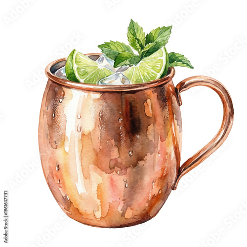 Moscow Mule Cocktail Served in a Copper Mug with Lime and Mint Garnish