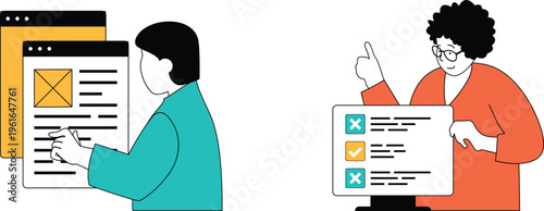 Two people reviewing and approving a checklist or document with marked items for verification and completion