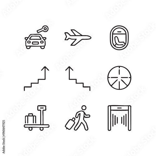 Travel icons depict various transportation modes and journey steps in a simple line style illustration for travel and tourism industry concepts.