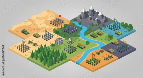 Isometric Military Strategy Game Map with Diverse Terrains and Units.