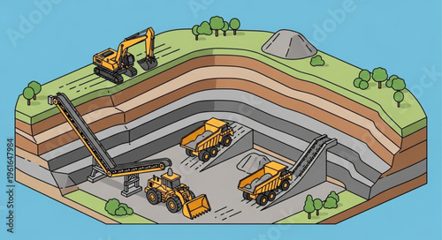 Open-Pit Mining Operation Illustration with Heavy Machinery and Layered Earth.