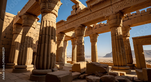 Majestic marble column supporting a weathered stone architrave in a preserved ancient archaeological site under bright daylight at a famous historical Mediterranean location.