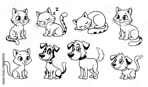 Cartoon cat and dog grid vector set with colorful pet characters in different poses isolated on white