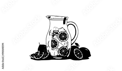 Fresh lemonade in glass jug with lemon slices vector illustration in clean modern flat style