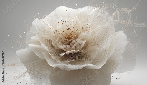 Close-up of a delicate, white, multi-layered flower with golden accents and wispy tendrils