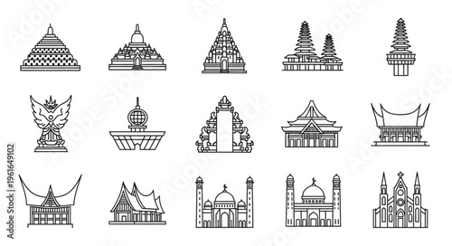 Collection of Indonesian Architectural Landmarks and Cultural Symbols in Detailed Line Art.